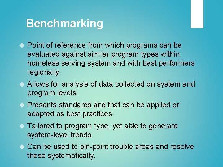 Benchmarking Point of reference from which programs can be evaluated against similar program types
