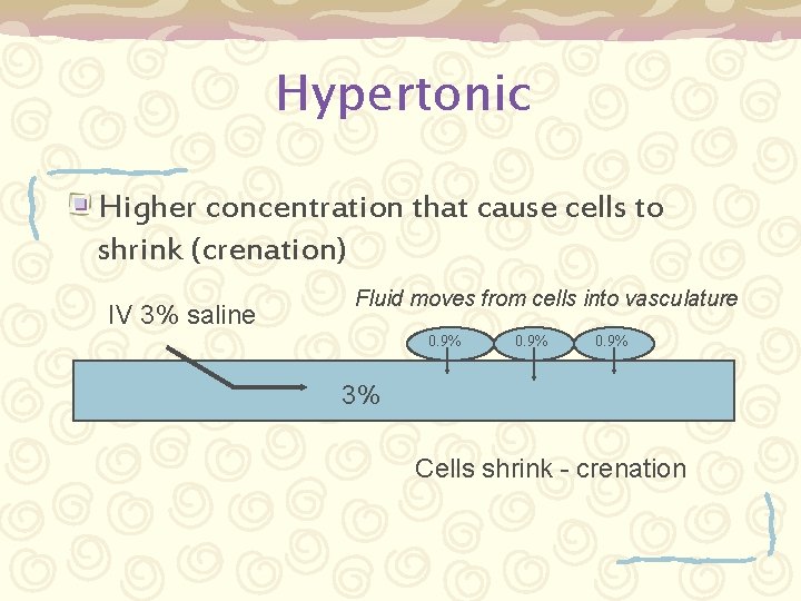 Hypertonic Higher concentration that cause cells to shrink (crenation) IV 3% saline Fluid moves