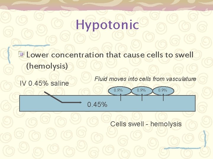 Hypotonic Lower concentration that cause cells to swell (hemolysis) IV 0. 45% saline Fluid