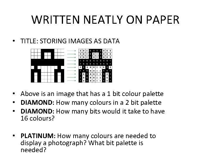 WRITTEN NEATLY ON PAPER • TITLE: STORING IMAGES AS DATA • Above is an