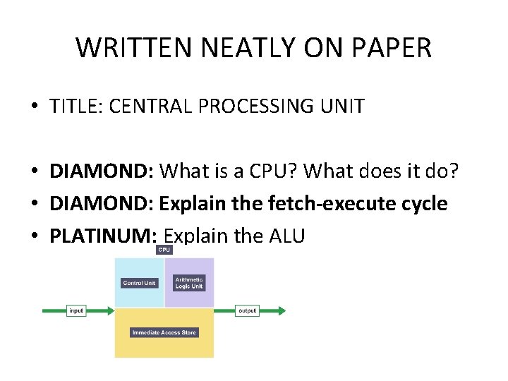 WRITTEN NEATLY ON PAPER • TITLE: CENTRAL PROCESSING UNIT • DIAMOND: What is a