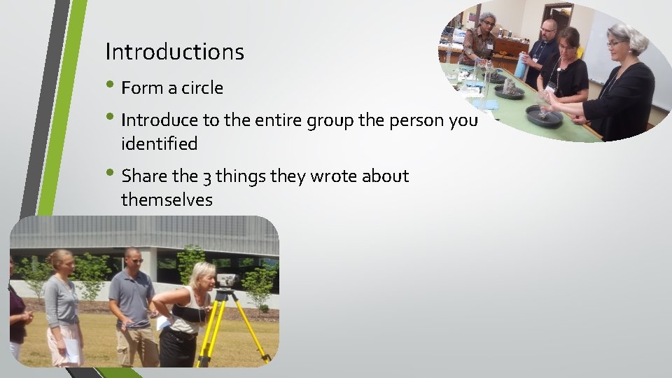 Introductions • Form a circle • Introduce to the entire group the person you