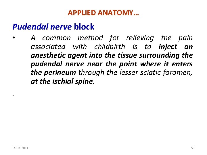 APPLIED ANATOMY… Pudendal nerve block • A common method for relieving the pain associated