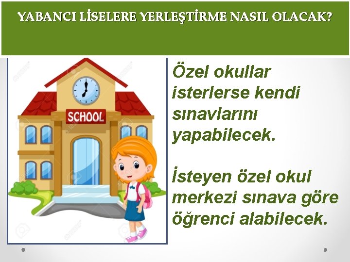 YABANCI LİSELERE YERLEŞTİRME NASIL OLACAK? Özel okullar isterlerse kendi sınavlarını yapabilecek. İsteyen özel okul