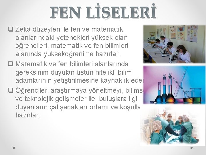 FEN LİSELERİ q Zekâ düzeyleri ile fen ve matematik alanlarındaki yetenekleri yüksek olan öğrencileri,