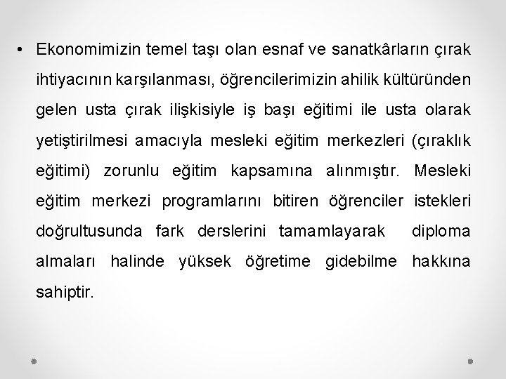  • Ekonomimizin temel taşı olan esnaf ve sanatkârların çırak ihtiyacının karşılanması, öğrencilerimizin ahilik