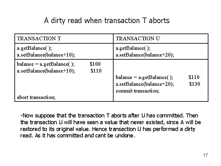 A dirty read when transaction T aborts TRANSACTION T TRANSACTION U a. get. Balance(