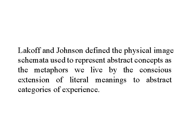 Lakoff and Johnson defined the physical image schemata used to represent abstract concepts as