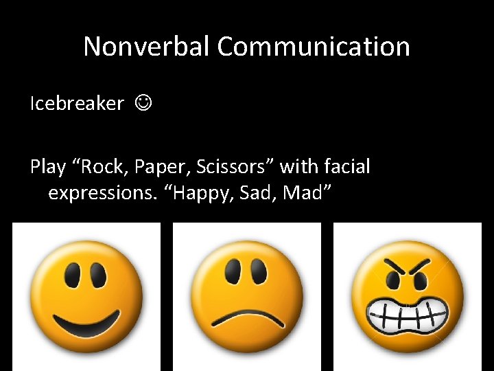 Nonverbal Communication Icebreaker Play “Rock, Paper, Scissors” with facial expressions. “Happy, Sad, Mad” 