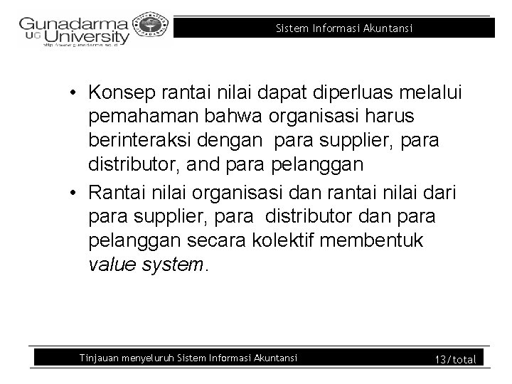 Sistem Informasi Akuntansi • Konsep rantai nilai dapat diperluas melalui pemahaman bahwa organisasi harus