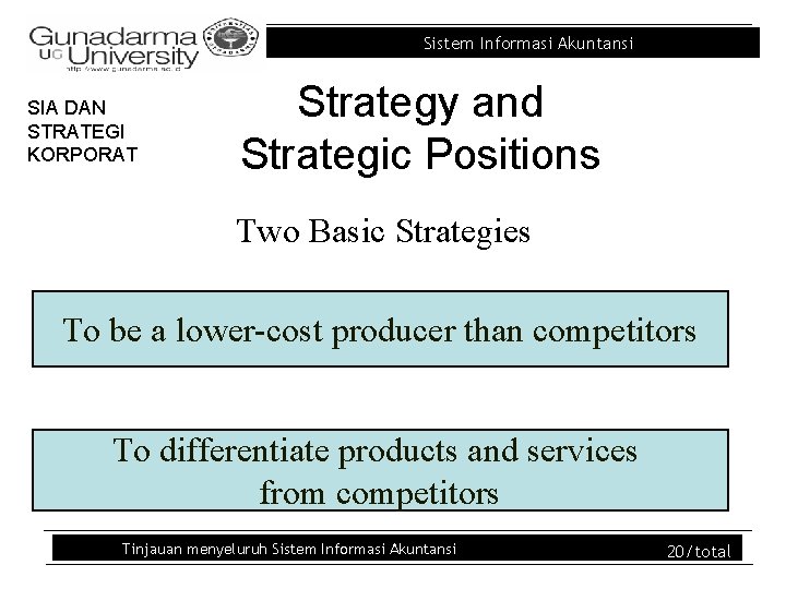 Sistem Informasi Akuntansi SIA DAN STRATEGI KORPORAT Strategy and Strategic Positions Two Basic Strategies