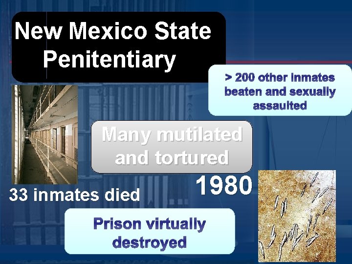 New Mexico State Penitentiary > 200 other inmates beaten and sexually assaulted Many mutilated New Mexico State Penitentiary > 200 other inmates beaten and sexually assaulted Many mutilated