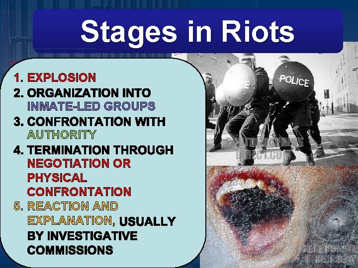 Stages in Riots 1. EXPLOSION INMATE-LED GROUPS AUTHORITY NEGOTIATION OR PHYSICAL CONFRONTATION 5. REACTION Stages in Riots 1. EXPLOSION INMATE-LED GROUPS AUTHORITY NEGOTIATION OR PHYSICAL CONFRONTATION 5. REACTION