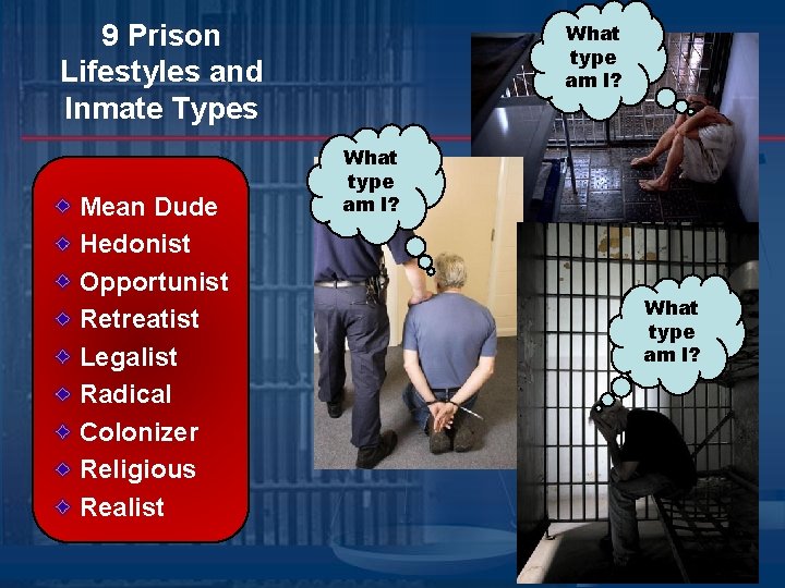 9 Prison Lifestyles and Inmate Types Mean Dude Hedonist Opportunist Retreatist Legalist Radical Colonizer 9 Prison Lifestyles and Inmate Types Mean Dude Hedonist Opportunist Retreatist Legalist Radical Colonizer