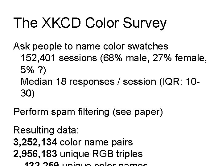The XKCD Color Survey Ask people to name color swatches 152, 401 sessions (68% The XKCD Color Survey Ask people to name color swatches 152, 401 sessions (68%