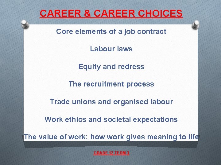 CAREER & CAREER CHOICES Core elements of a job contract Labour laws Equity and
