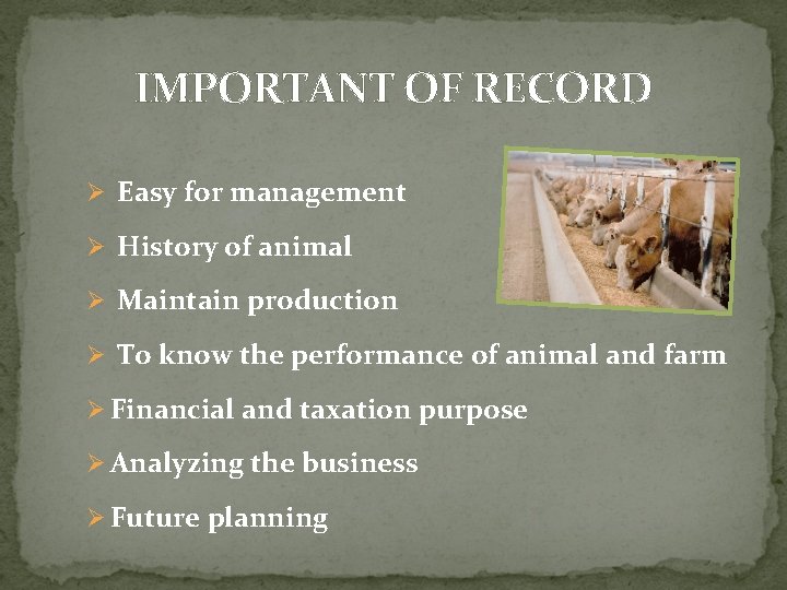 IMPORTANT OF RECORD Ø Easy for management Ø History of animal Ø Maintain production