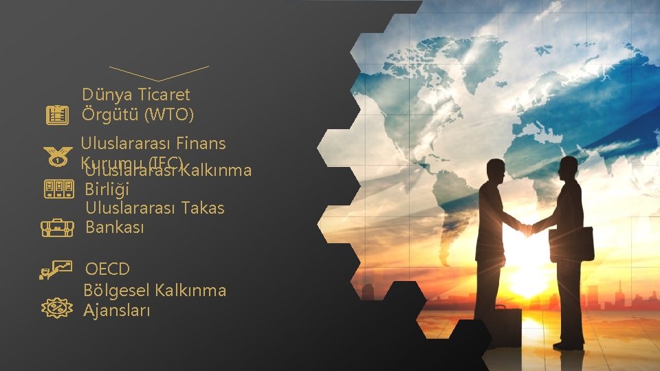 Dünya Ticaret Örgütü (WTO) Uluslararası Finans Kurumu (IFC)Kalkınma Uluslararası Birliği Uluslararası Takas Bankası OECD