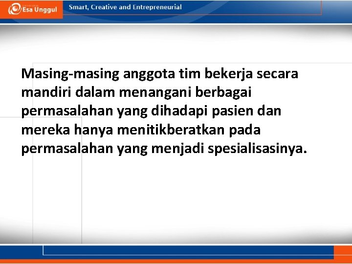 Masing-masing anggota tim bekerja secara mandiri dalam menangani berbagai permasalahan yang dihadapi pasien dan