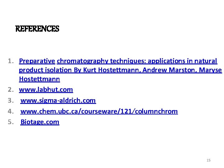 REFERENCES 1. Preparative chromatography techniques: applications in natural product isolation By Kurt Hostettmann, Andrew