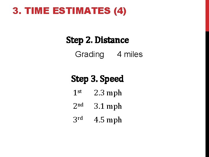 3. TIME ESTIMATES (4) Step 2. Distance Grading 4 miles Step 3. Speed 1