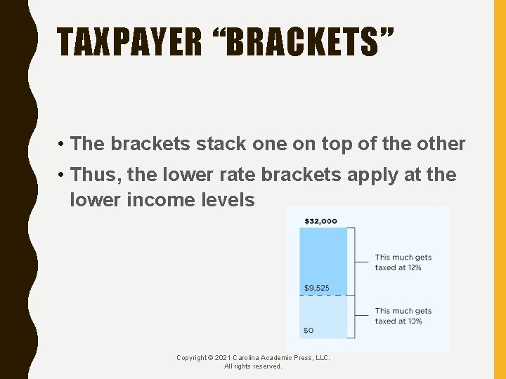 TAXPAYER “BRACKETS” • The brackets stack one on top of the other • Thus,