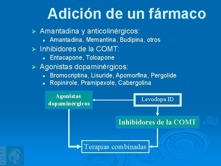 Adición de un fármaco Ø Amantadina y anticolinérgicos: l Ø Inhibidores de la COMT: