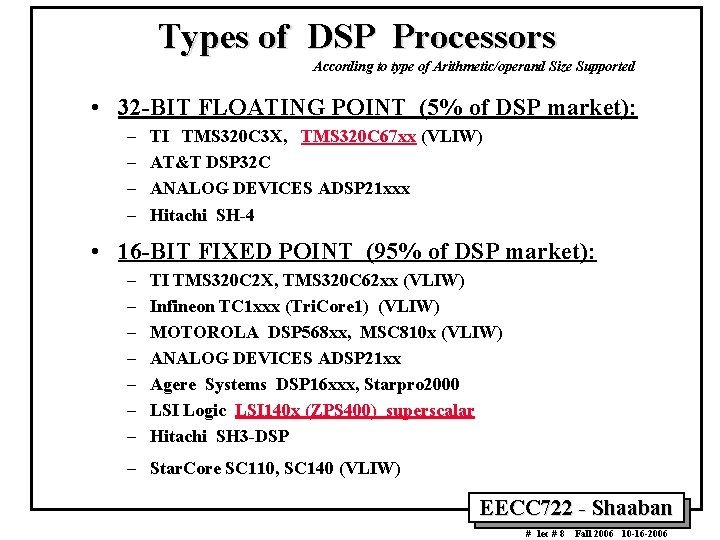 Types of DSP Processors According to type of Arithmetic/operand Size Supported • 32 -BIT