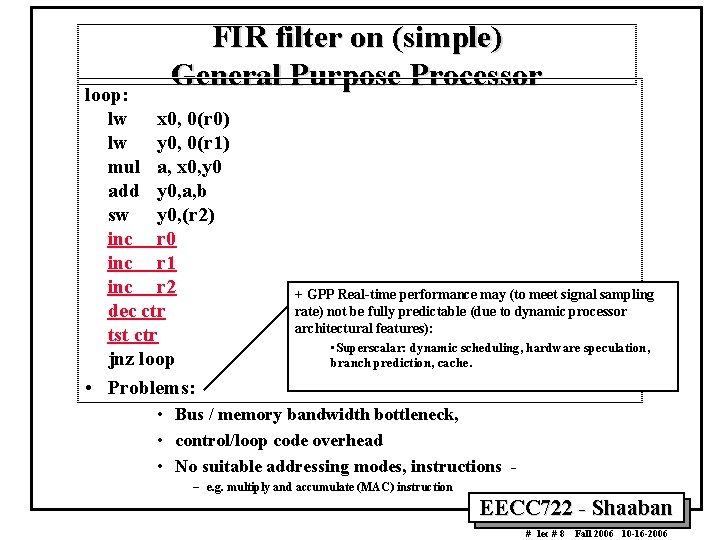 FIR filter on (simple) General Purpose Processor loop: lw x 0, 0(r 0) lw