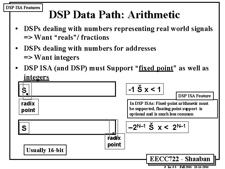 DSP ISA Features DSP Data Path: Arithmetic • DSPs dealing with numbers representing real