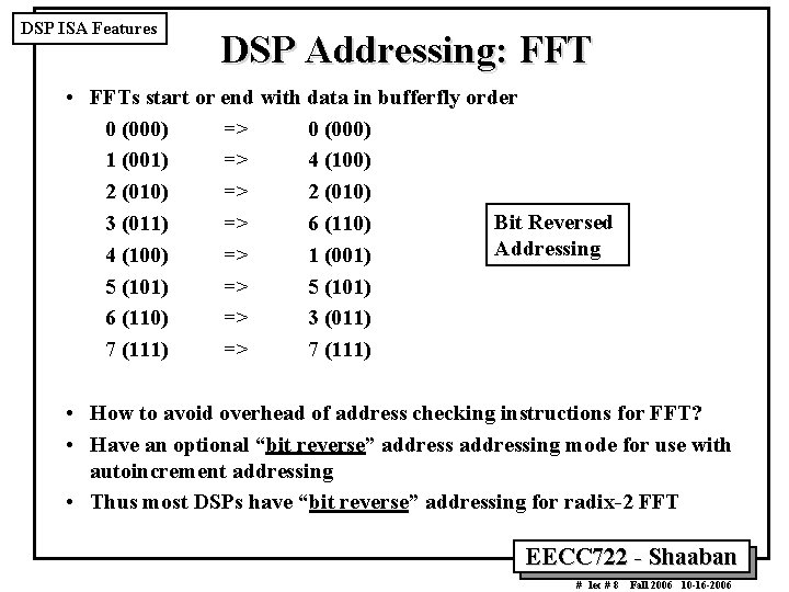 DSP ISA Features DSP Addressing: FFT • FFTs start or end with data in