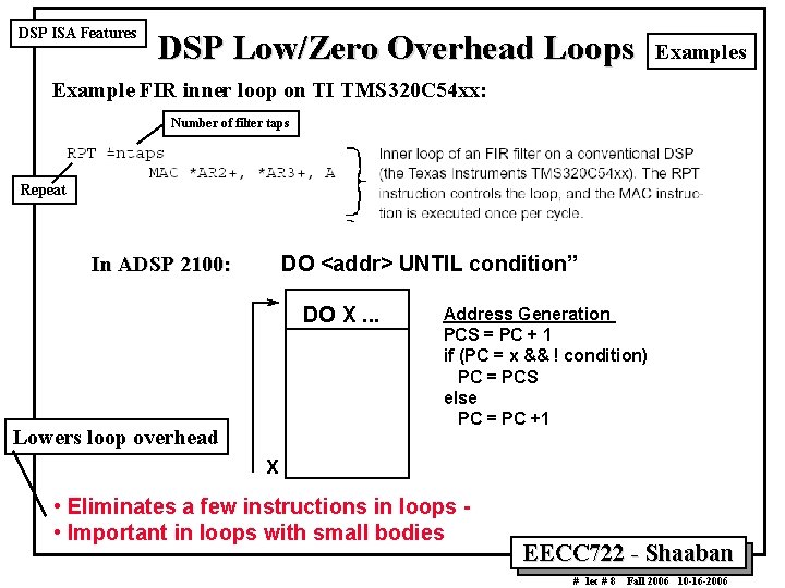 DSP ISA Features DSP Low/Zero Overhead Loops Example FIR inner loop on TI TMS