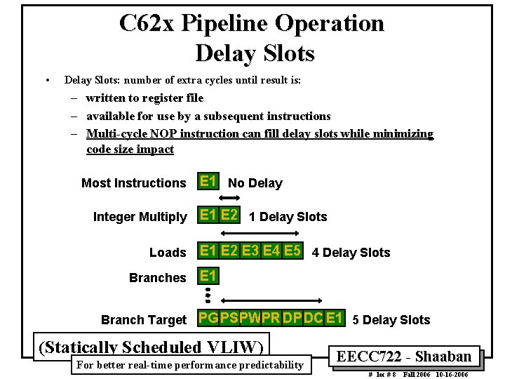 C 62 x Pipeline Operation Delay Slots • Delay Slots: number of extra cycles