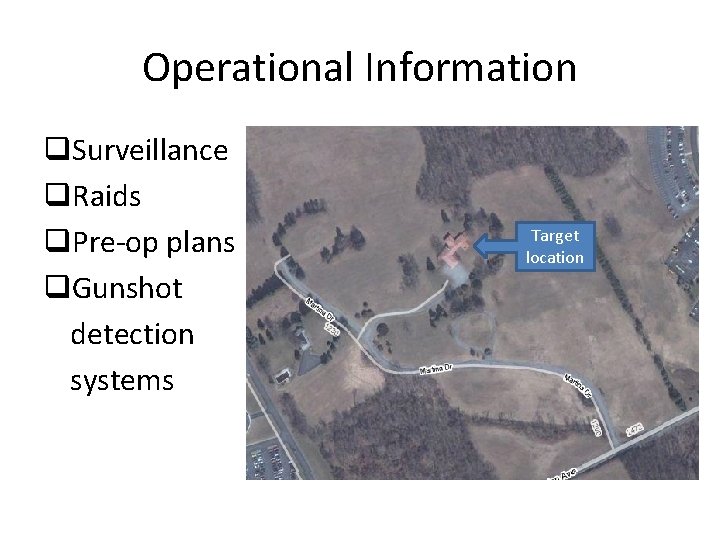 Operational Information q. Surveillance q. Raids q. Pre-op plans q. Gunshot detection systems Target