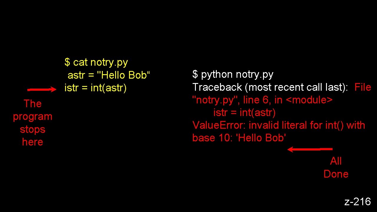 $ cat notry. py astr = "Hello Bob“ istr = int(astr) The program stops