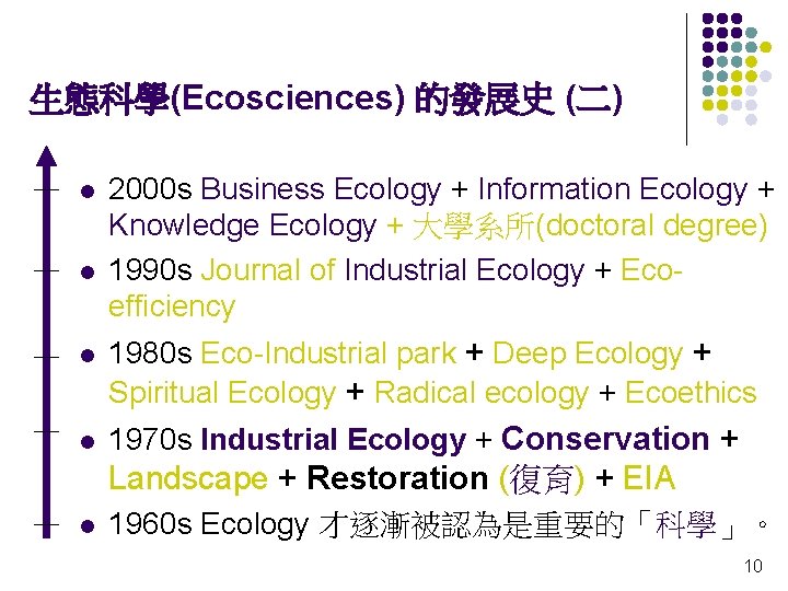 生態科學(Ecosciences) 的發展史 (二) l l 2000 s Business Ecology + Information Ecology + Knowledge