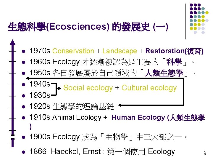 生態科學(Ecosciences) 的發展史 (一) l l l l 1970 s Conservation + Landscape + Restoration(復育)