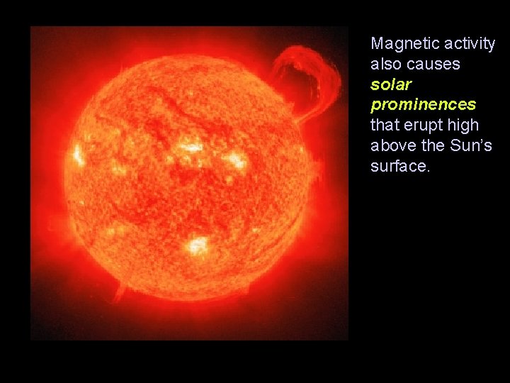 Magnetic activity also causes solar prominences that erupt high above the Sun’s surface. 