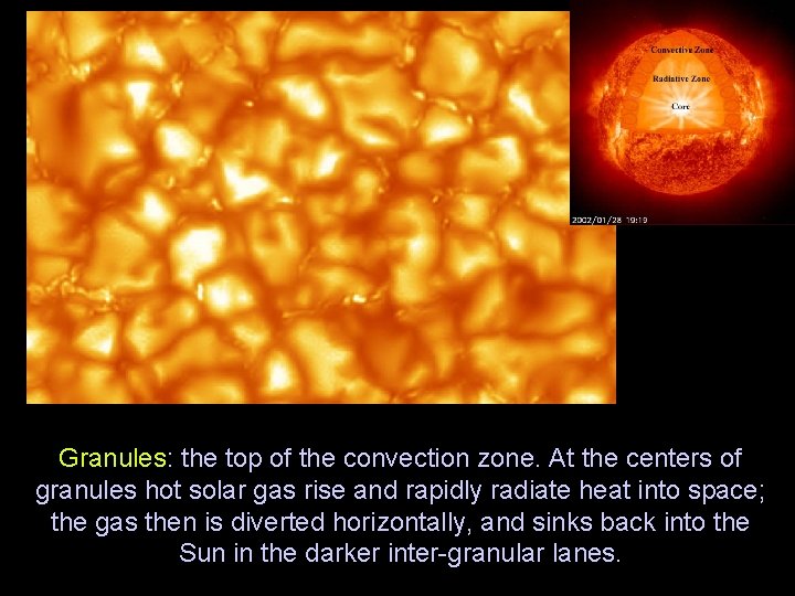 Granules: the top of the convection zone. At the centers of granules hot solar