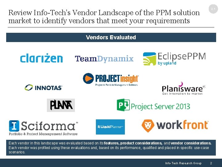 Review Info-Tech’s Vendor Landscape of the PPM solution market to identify vendors that meet