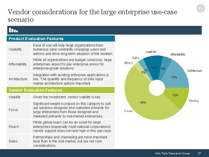 Vendor considerations for the large enterprise use-case scenario 2. 1 Product Evaluation Features Usability