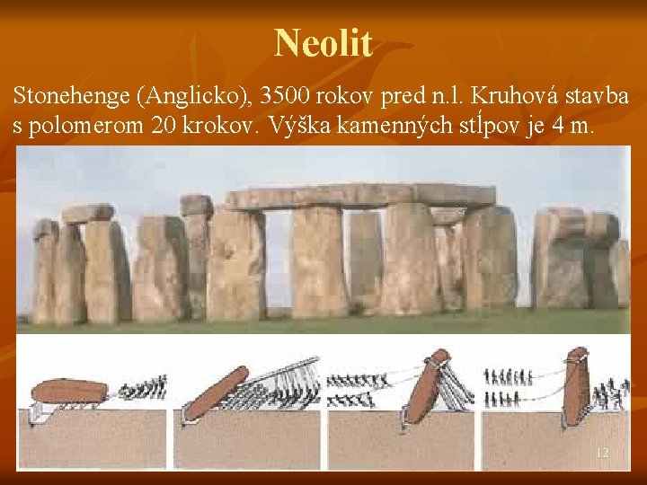 Neolit Stonehenge (Anglicko), 3500 rokov pred n. l. Kruhová stavba s polomerom 20 krokov. Neolit Stonehenge (Anglicko), 3500 rokov pred n. l. Kruhová stavba s polomerom 20 krokov.