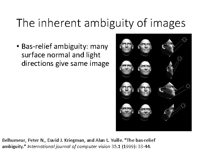 The inherent ambiguity of images • Bas-relief ambiguity: many surface normal and light directions