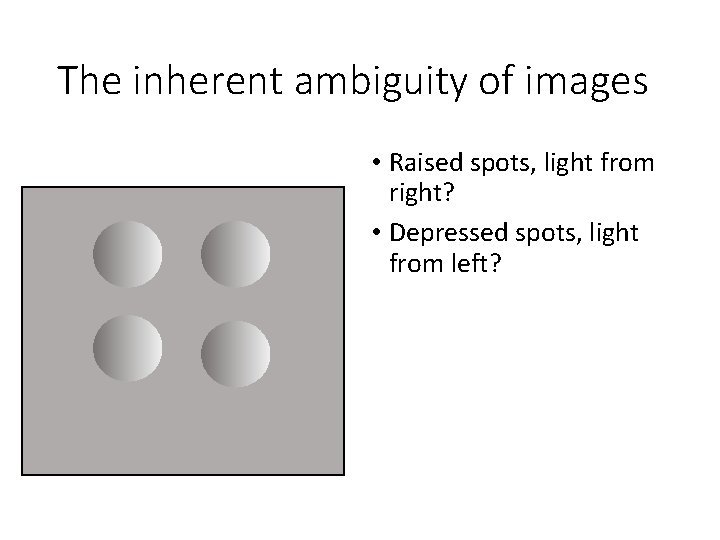 The inherent ambiguity of images • Raised spots, light from right? • Depressed spots,