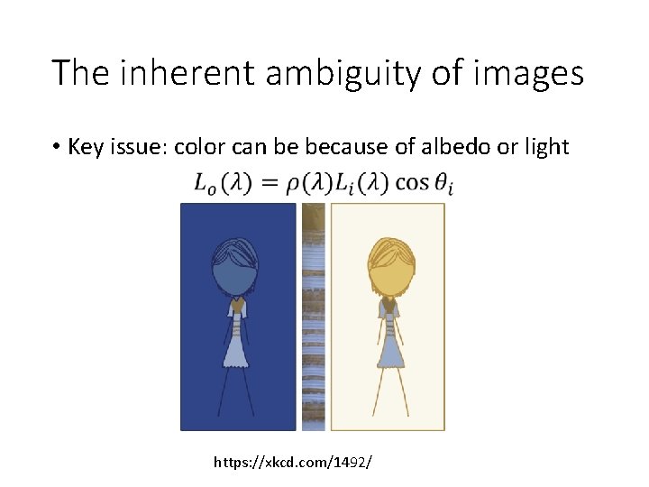 The inherent ambiguity of images • Key issue: color can be because of albedo