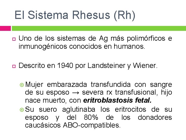 El Sistema Rhesus (Rh) Uno de los sistemas de Ag más polimórficos e inmunogénicos El Sistema Rhesus (Rh) Uno de los sistemas de Ag más polimórficos e inmunogénicos