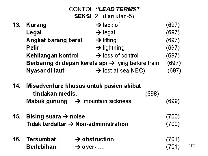 CONTOH “LEAD TERMS” SEKSI 2 (Lanjutan-5) 13. Kurang lack of Legal legal Angkat barang