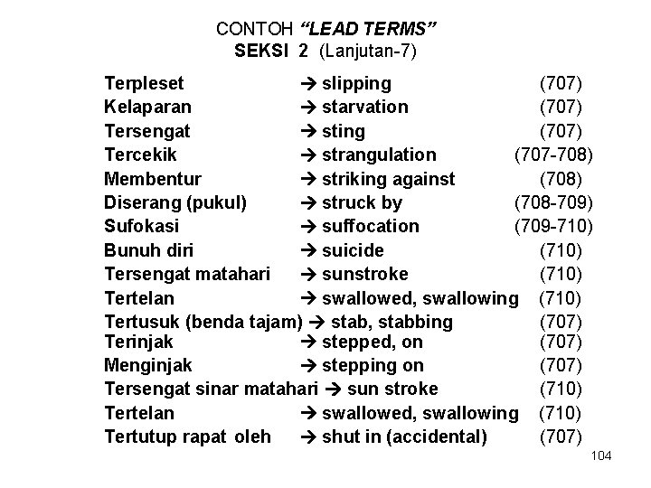 CONTOH “LEAD TERMS” SEKSI 2 (Lanjutan-7) Terpleset slipping (707) Kelaparan starvation (707) Tersengat sting