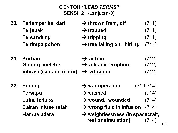 CONTOH “LEAD TERMS” SEKSI 2 (Lanjutan-8) 20. Terlempar ke, dari Terjebak Tersandung Tertimpa pohon