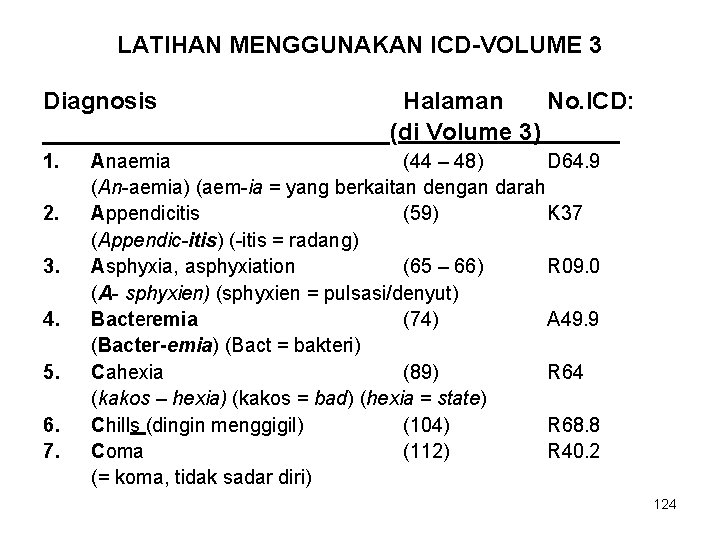 LATIHAN MENGGUNAKAN ICD-VOLUME 3 Diagnosis Halaman No. ICD: _____________(di Volume 3) 1. 2. 3.